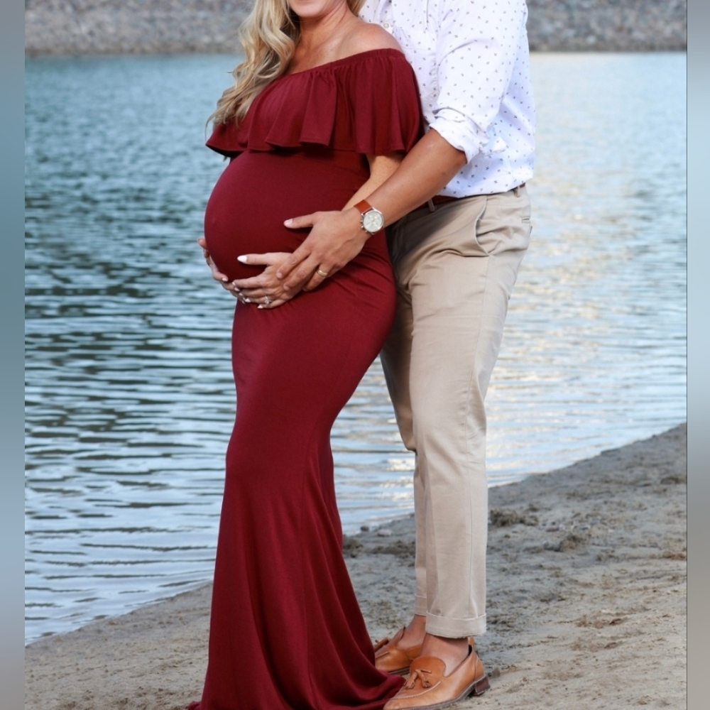 Elegant Burgundy Off-Shoulder Maternity Gown